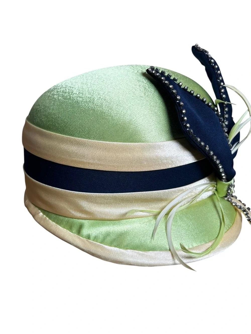 VTG ML Studio Green Satin Cloche Derby Church Hat Fascinator Cocktail Headpiece